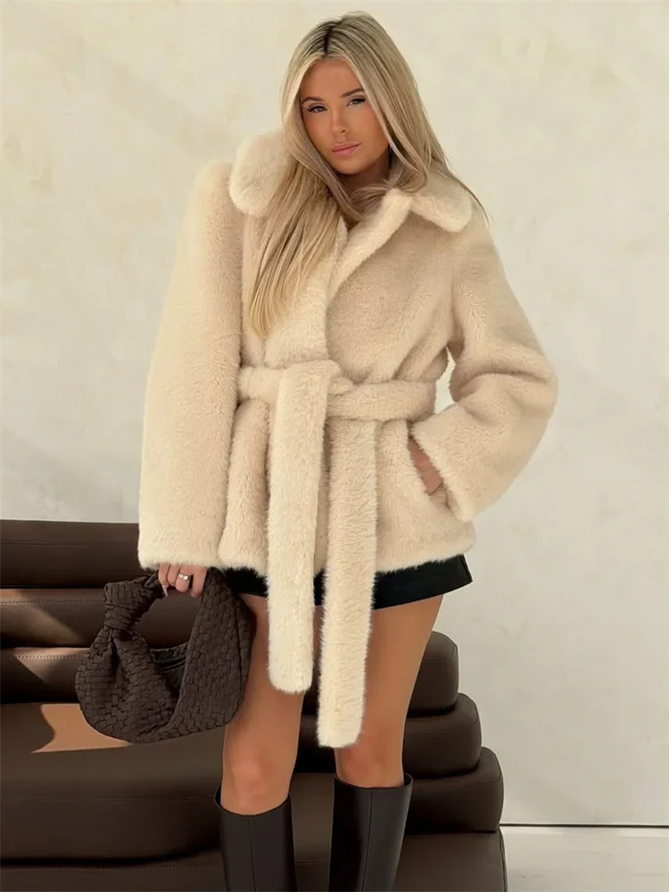 Winter Loose Lace-Up Faux Fur Outwear For Women Patchwork Elegant Commute High Waist Outwear Female Faux Fur jacket 2025