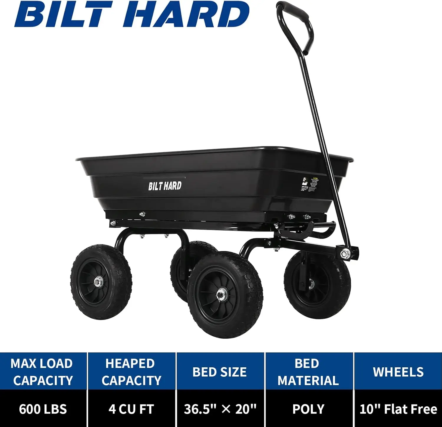 4 Cu.Ft. 10" No-Flat Tires Poly Yard Dump Cart with 180° Rotating Handle, 600 lbs Capacity Heavy Duty Garden Carts and Wagons