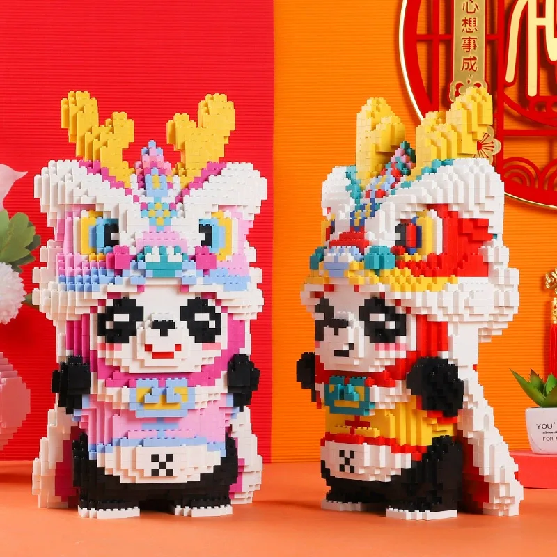 5188pcs+ Kawaii Lion Dance Panda Building Blocks Creative DIY 3D Cartoon Model Figure Toys Table Decor For Kids Birthday Gift