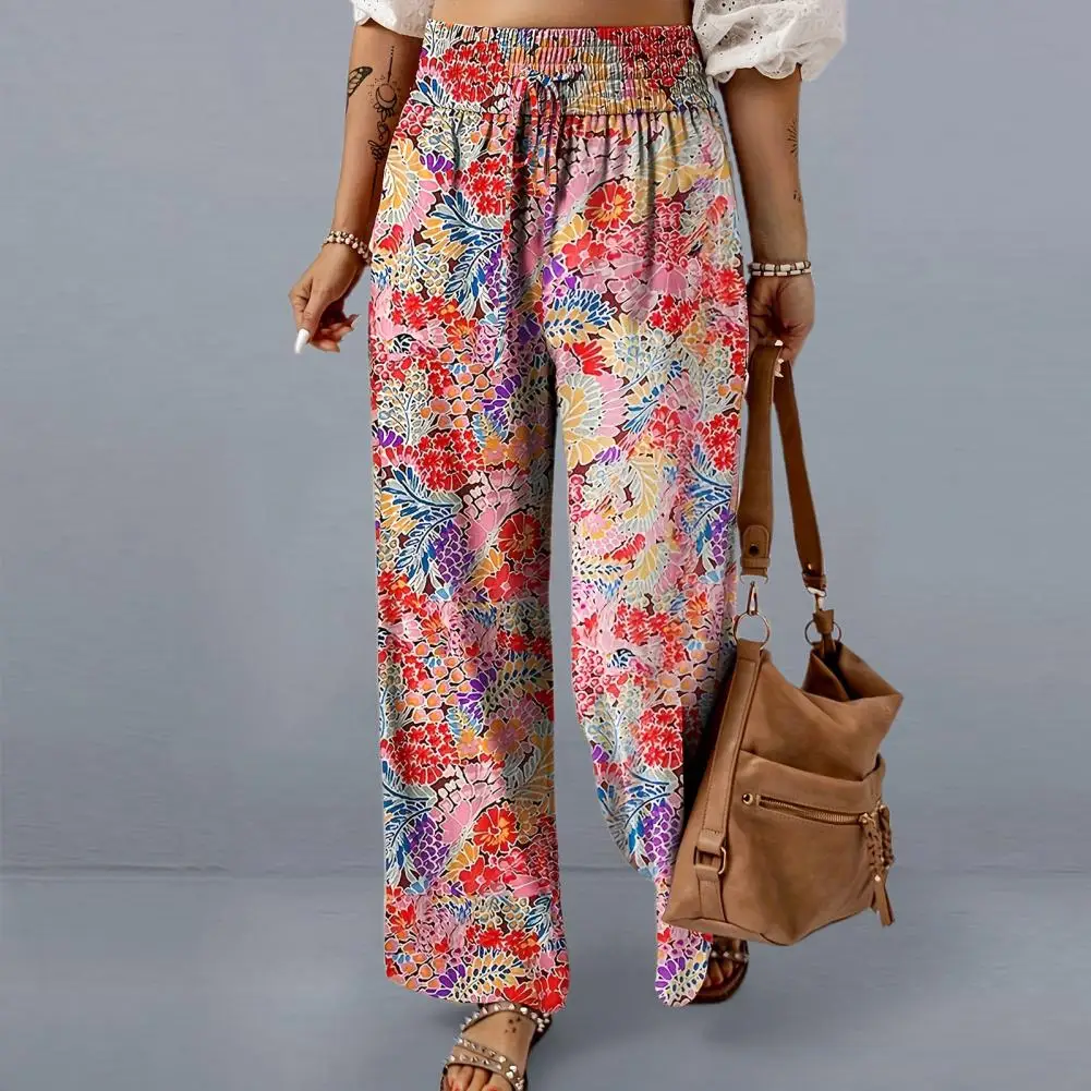 Pantalon large taille haute à imprimé floral pour femme, poches réglables, FjStreetwear, travail d'affaires