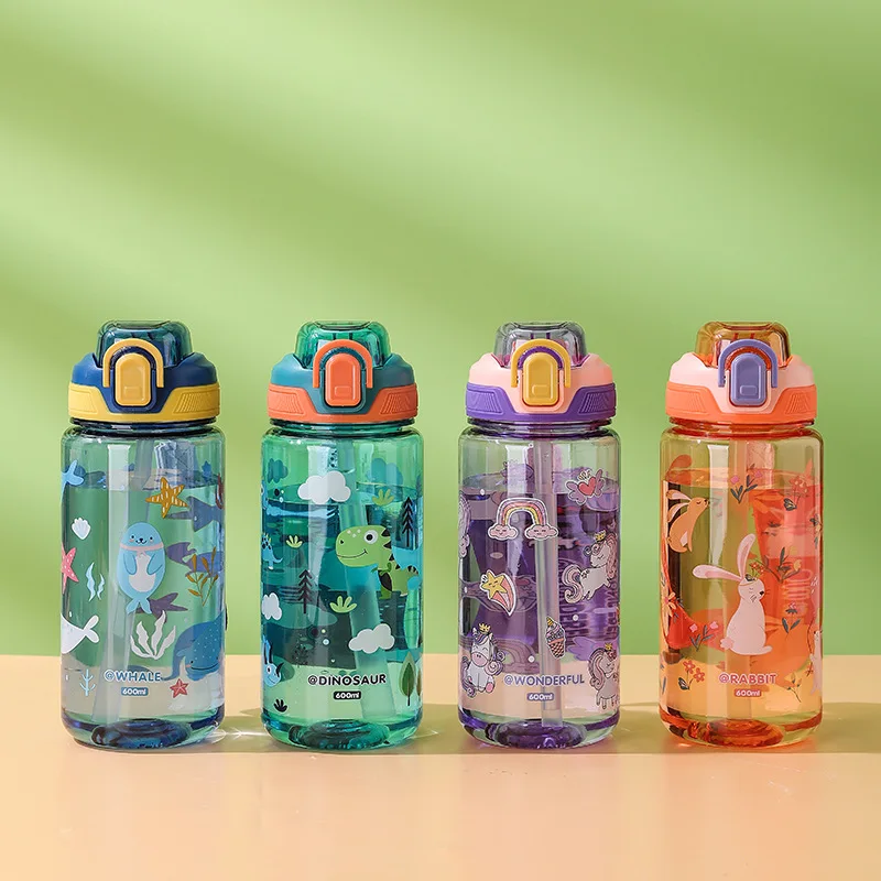 

1/4PCS 600ml Kids' Dinosaur Water Bottle with Silicone Straw, Leak-Proof Plastic Bottle, Summer Kids' Water Cup