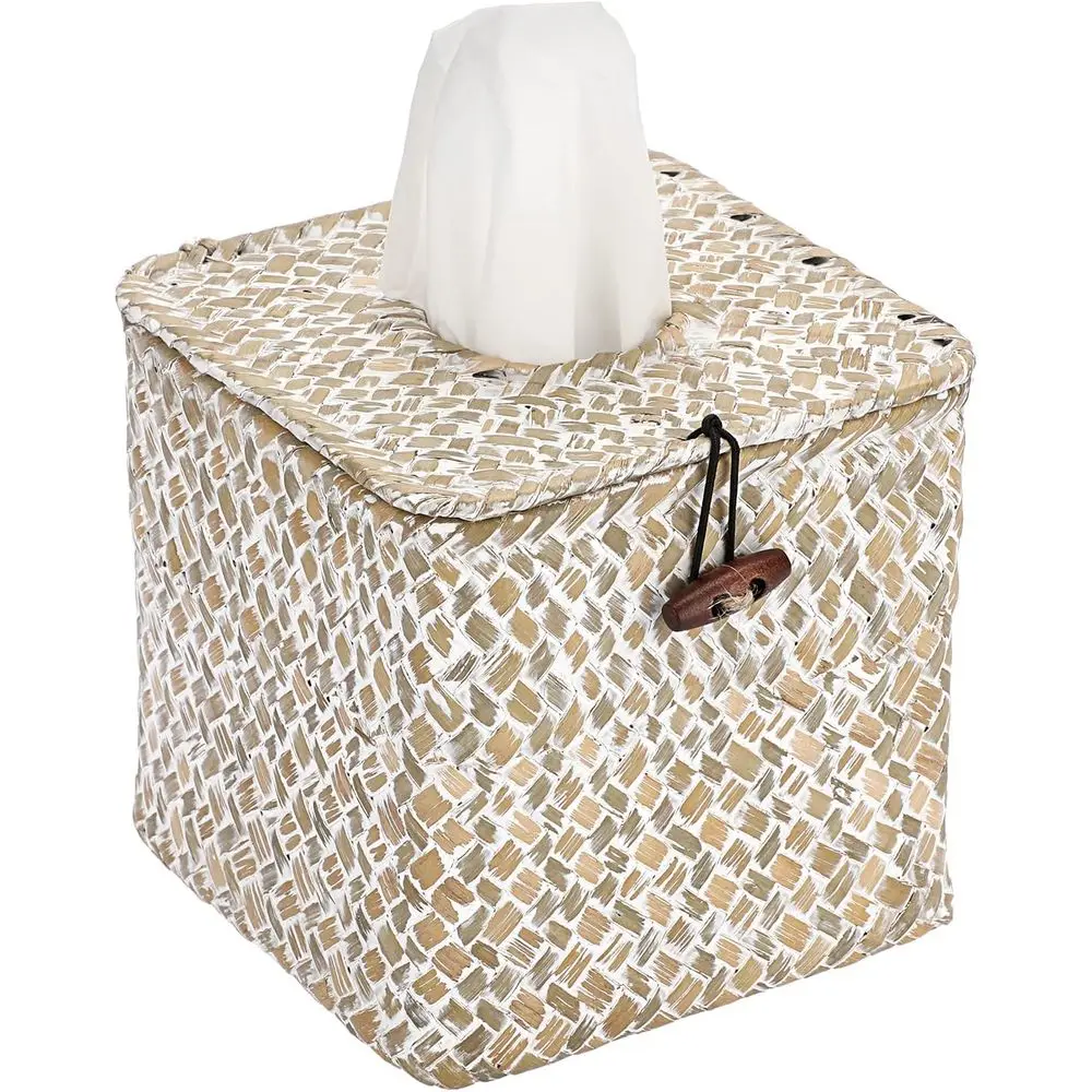 Square Seagrass Tissue Box with Lid, Woven Tissue Box Holder Rustic Cube Cover for Bathroom Toilet Bedroom Living Room Kitchen T