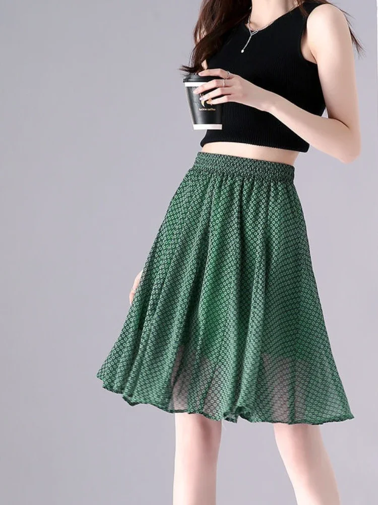 

Midi High Waist Chiffon Green Woman Skirt Luxury Elegant Vintage Y2k A Line Streetwear Korean Style Premium V Skirts for Women