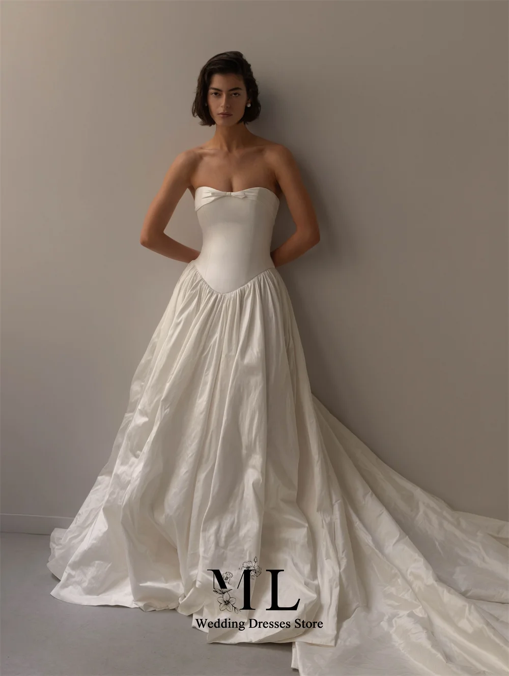 ML Royal Strapless Bow Detail Wedding Dress Basque Waist Long Court Train Formal Bridal Gowns Vestidos Novias Customized