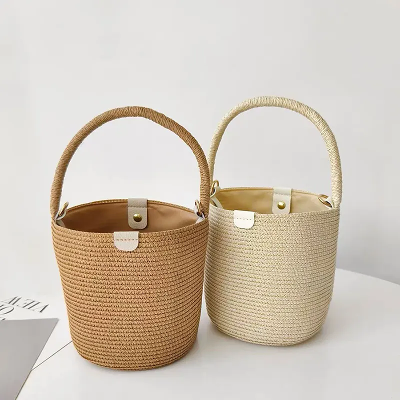 Korean Fashion Vacation Mini Paper Straw Summer Shoulder Handbags Bucket Bag Oblique Backed Beach Bag 2024 New Designer Tote Bag