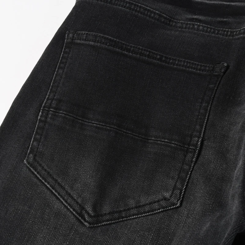 

Y2K fashion new men's jeans with perforated yellow patches elastic slim fit washed black jeans high street fashion hip-hop