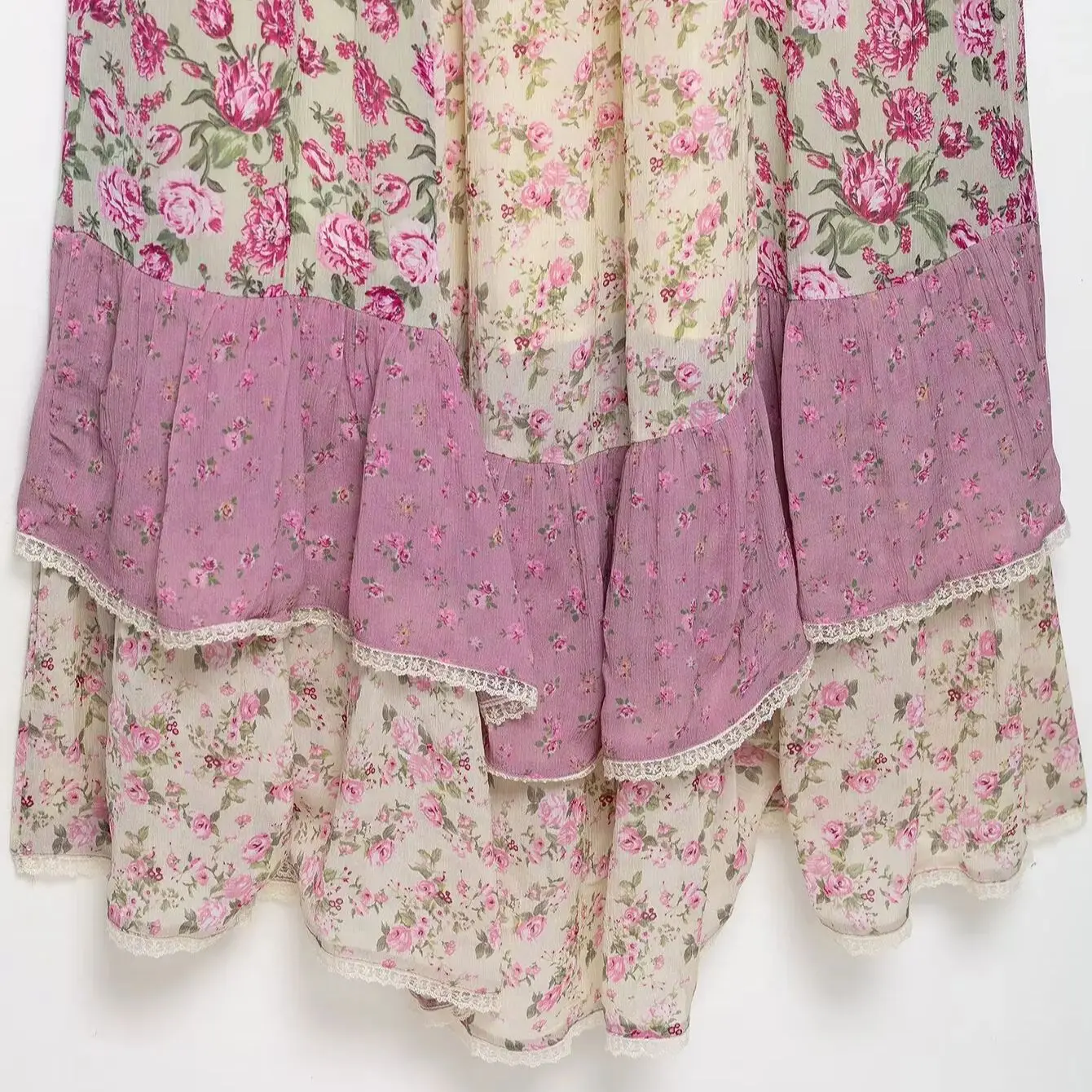 2025 BOHO Women Patchwork Pink Floral Print Chiffon Sling Dress Tassel Bow V neck Ruffles Hem Loose Long Dresses Holiday Robe