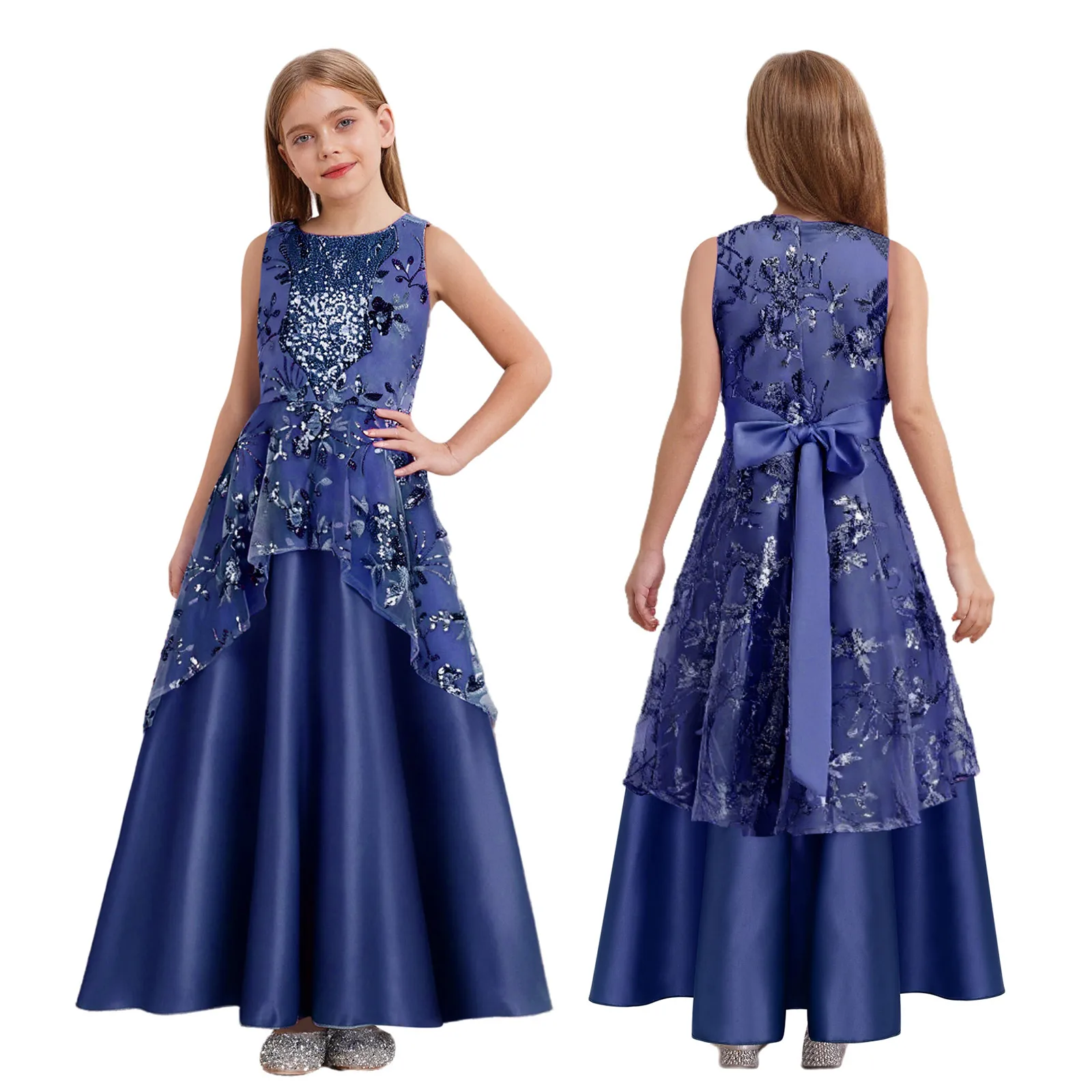 Kids Girls Embroidered Mesh Chiffon Dress Sequined Flower Girl Dress For Evening Wedding Birthday Party Kids Gorgeous Ball Gown