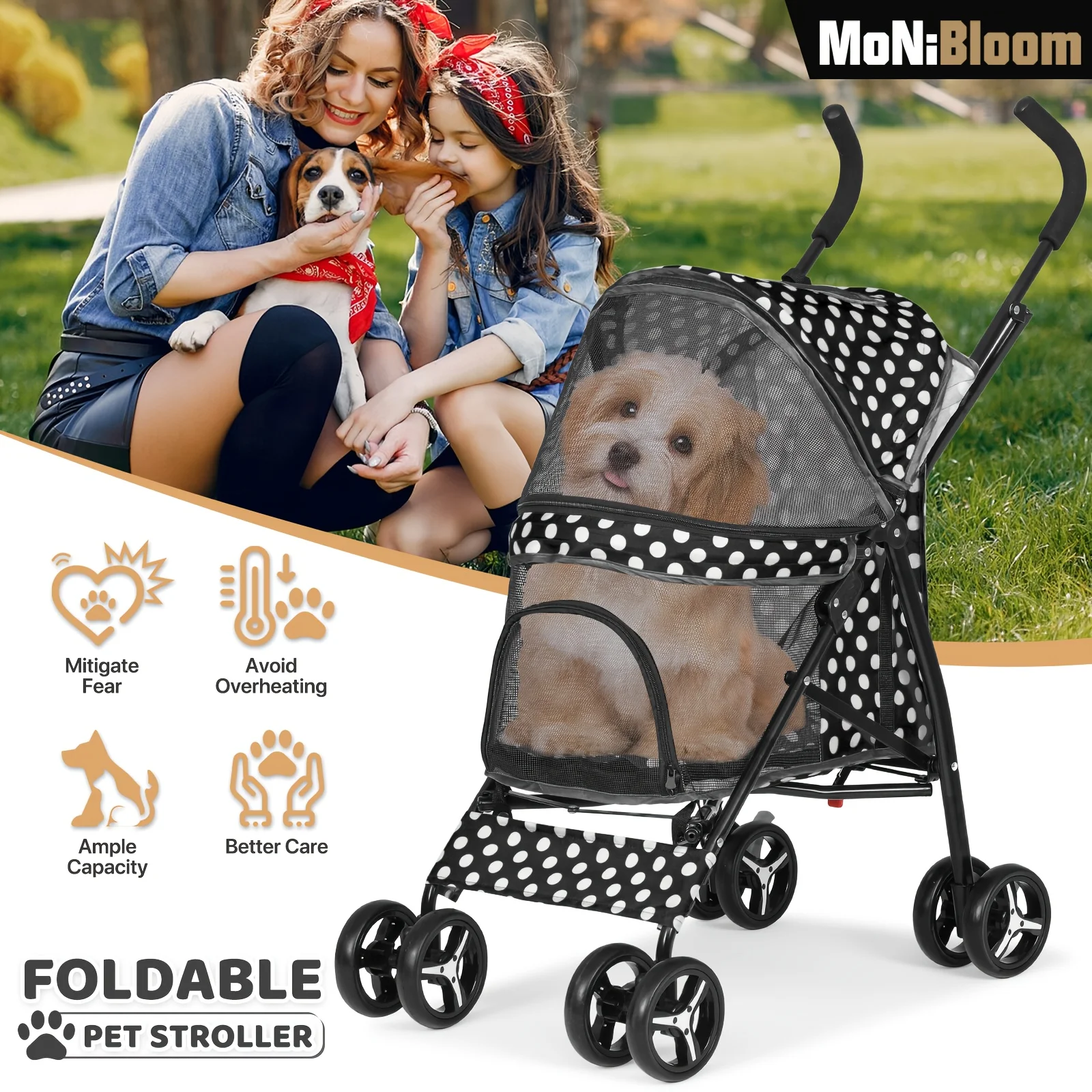 4 Wheels Pet Stroller, Easy-Fold Dog Cat Jogger Stroller W/Rear Storage Bag & Visible Mesh for /Medium Dogs Cats
