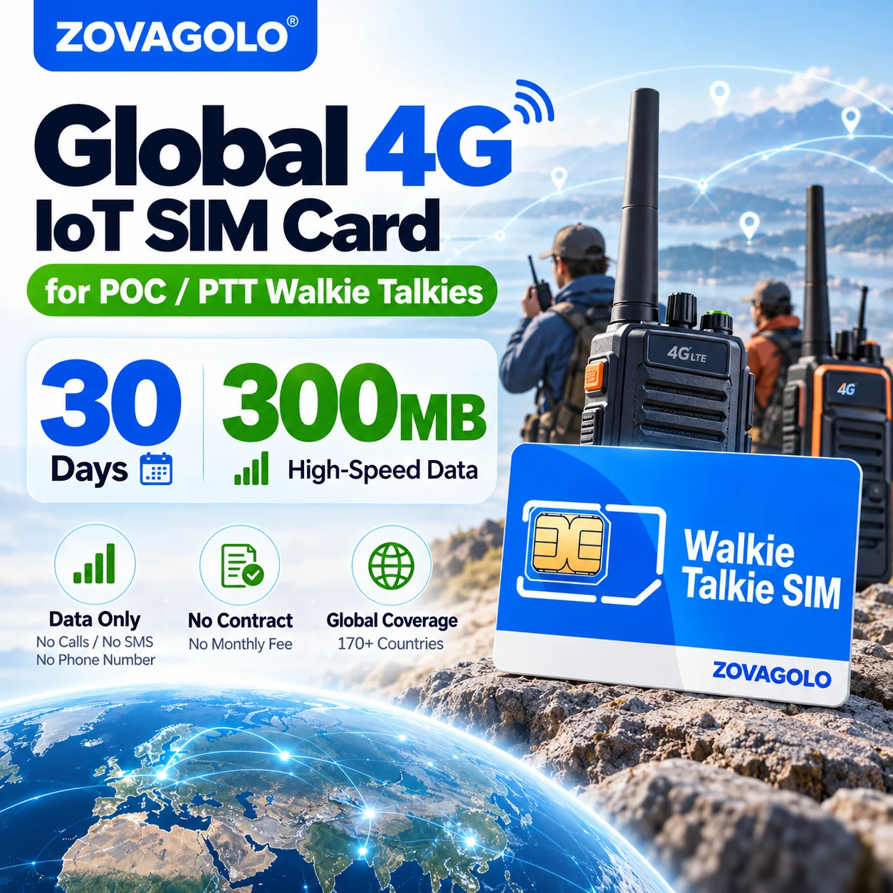 Global 4G IoT SIM Card for Walkie Talkie POC PTT Walkie Talkie Data Only 300MB 30 Days Renewable  M2M Zello Compatible ZOVAGOLO