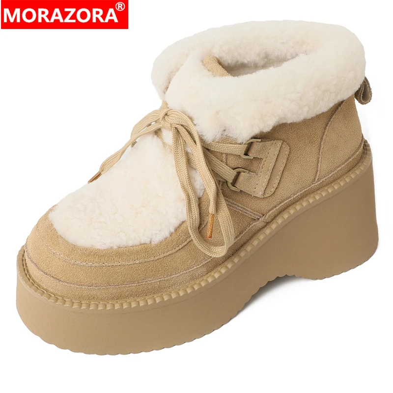 

MORAZORA New Wool Warm Snow Boots Women Shos Lace Up Platform Winter Boots Cow Suede Leather Ankle Booties