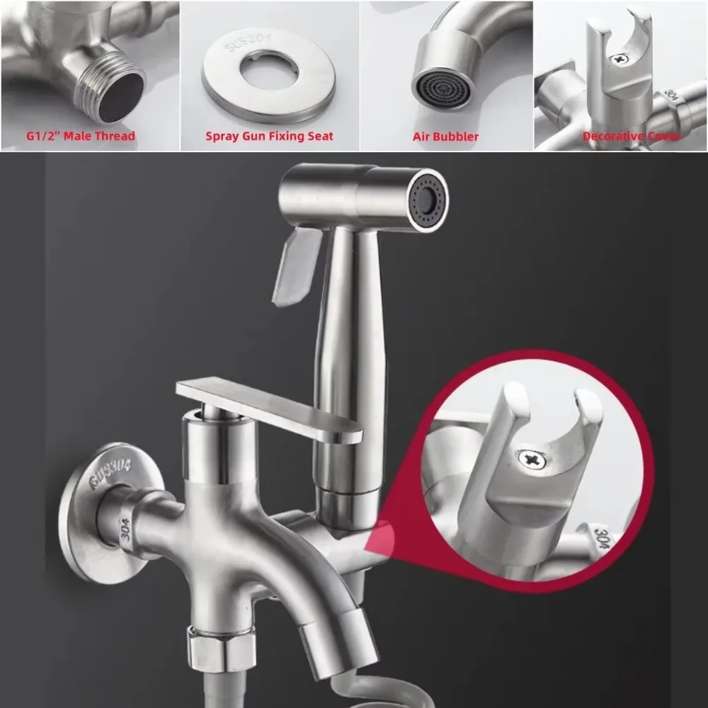 Stainless Steel Toilet Bidet Spray Set Multi-functional High Pressure Toilet Sprayer Handheld Faucet 1 In 2 Out Shower Head Kits view 2