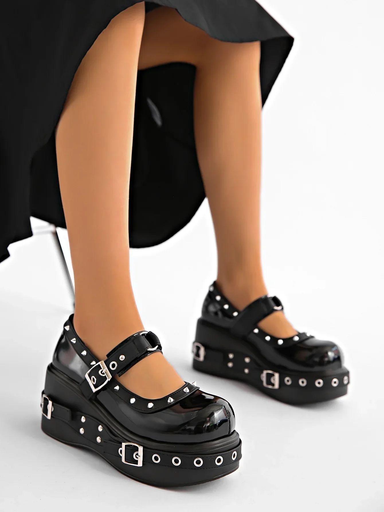 Damen Plus Size 35-42 Mary Jane Schuhe, Plateau T-Strap Pumps, Nietenbesetzte Schwarze Leder-Freizeitschuhe, Cosplayer Punk-Stil Schuhe – Detail 15