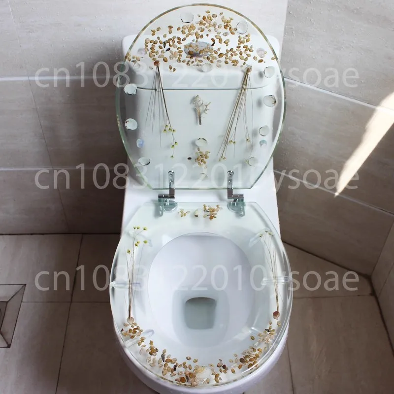 Transparent Resin Toilet Seat Universal Soft-Close Damping Lid Solid Toilet Seat Crafted From Genuine Dried Flowers and Shells