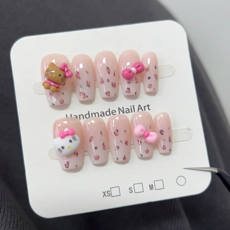 Cute HelloKitty Fake Press on Nails Leopard Print Bows Design Almond Handmade False Nail Sweet Girl Acrylic French Nail Tips