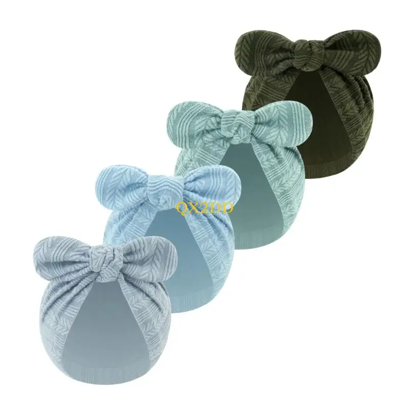 QX2D Juego 4 gorros indios para bebé, gorro fetal algodón con detalle lazo para recién nacidos, gorros elegantes para 0