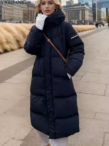 2025 Winter Casual Black Loose Plus Size Coat Women Hooded Long Sleeve Down Cotton Jacket Lady Zipper Chubby Thick Long Outwear