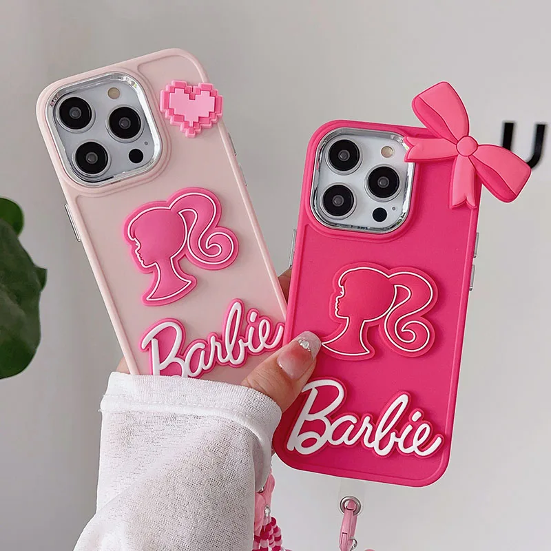 

INS Kawaii Barbie Pendant Cartoon Phone Case for iPhone 15 14 13 12 11 Pro Max Cute Plating Lens Shockproof Back Cover Funda