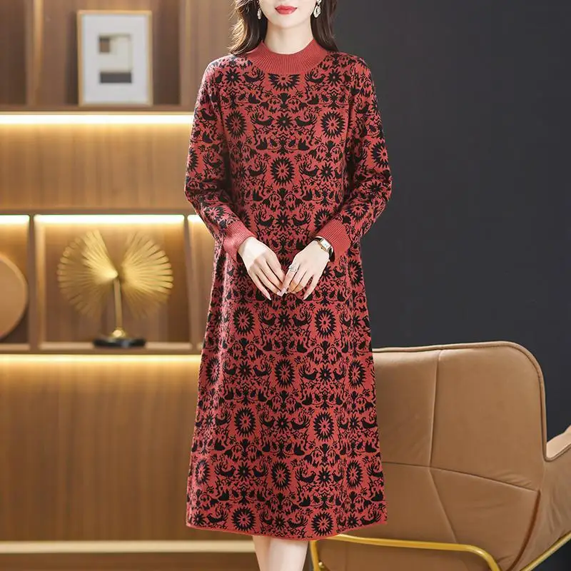 2024 ผู้หญิงฤดูใบไม้ร่วงถักชุดเสื้อกันหนาวยาวVINTAGE Jacquardครึ่งคอPulloverหลวมหญิงVestidos Ladyชุด