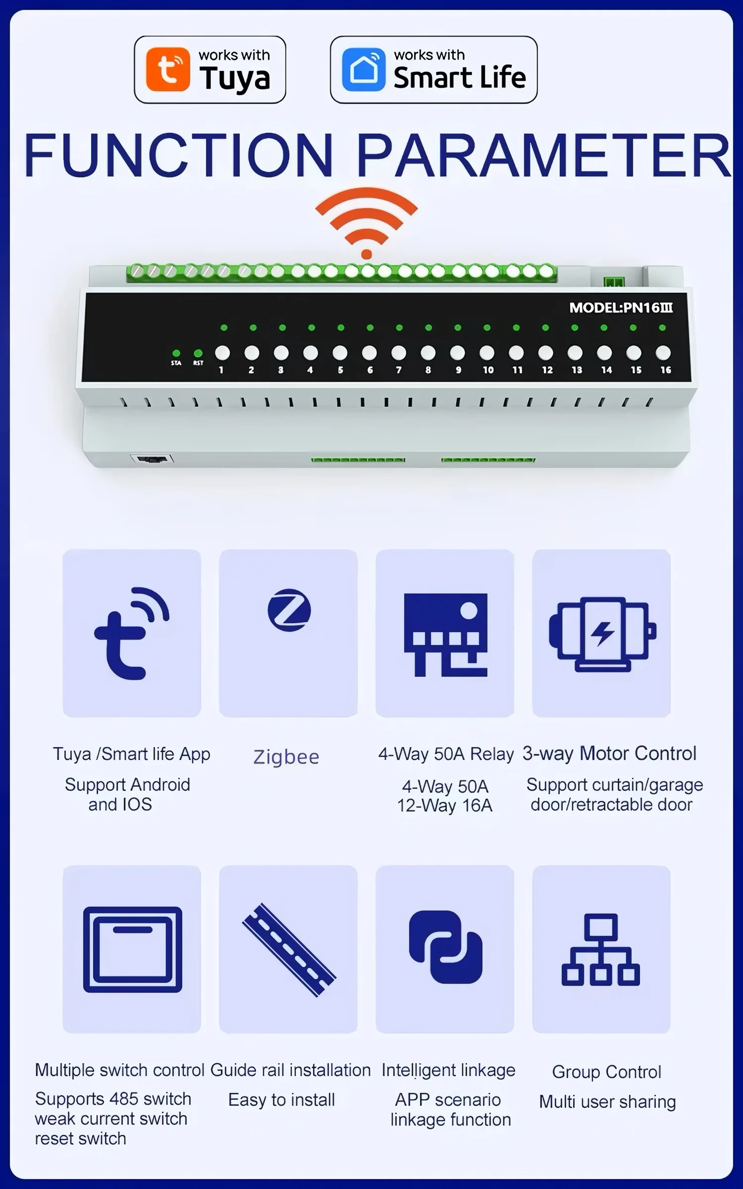 2026 Tuya Zigbee 16CH Relay Module 50A Magnetic Latching 16 Channel 16A Switch RS485 Dry Contact Hotel Room Control System RCU