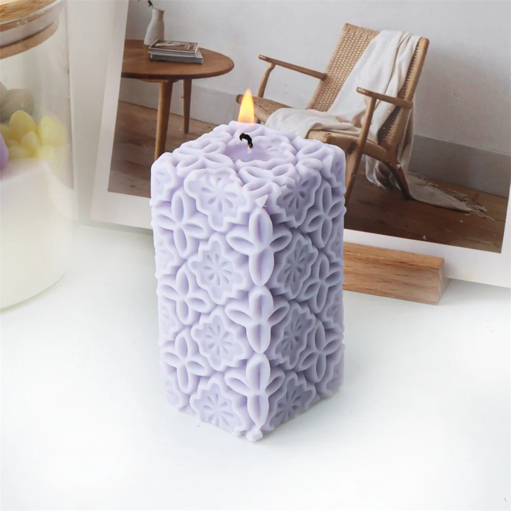 Creative Flower Pillar Candle Silicone Mould Square Carved Flores Pillar Candle Molds For Epoxy Resin Casting Plaster Mold