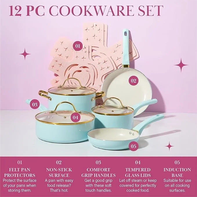 

Nonstick Pots Pans Set Multi-layer Nonstick Coating Tempered Glass Lids Handles Made without PFOA Dishwasher Safe Cookware Set