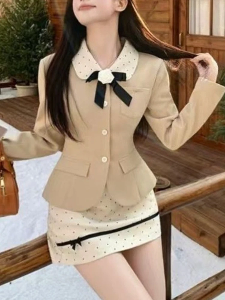 

Элегантные милые комплекты из 2 предметов в стиле ретро, женские винтажные короткие пальто + юбки в горошек, японская повседневная шикарная корейская популярная одежда