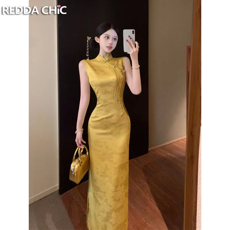 ReddaChic Women's Qipao Dress with Split Tank Jacquard Sleeveless Slit Mandarin Collar Cheongsam Chinese Style Formal Clothes