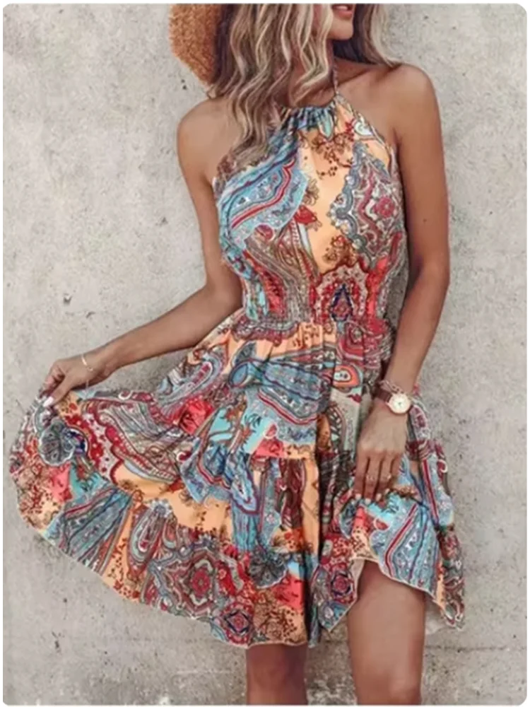 

Bohemian Sleeveless Mini Dress Female Sexy Suspender Painted Printed Dresses Women's Beach Vacation Summer Robe