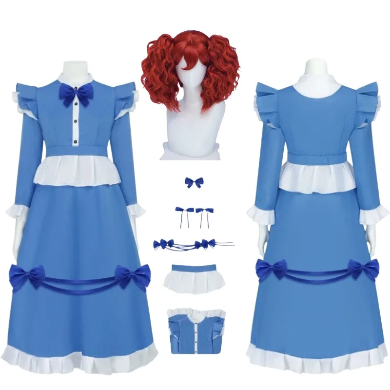 Spiel-Cosplay-Kostüm Puppe Poppy Blaues Lolita-Dienstmädchenkleid Uniform Rote Perücke Anzug für Frauen Halloween Karneval Party Rollenspiel-Outfits