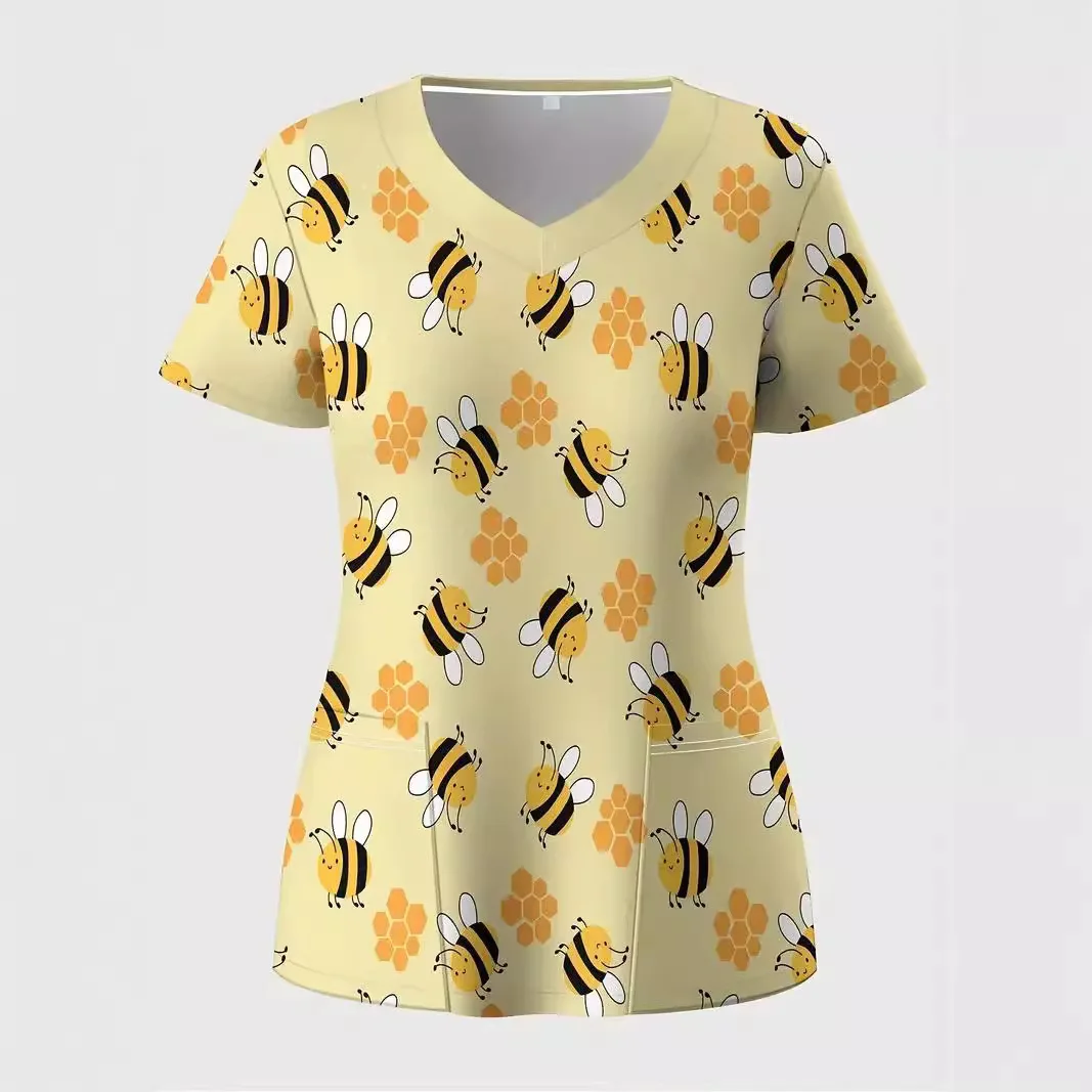 Yellow cute little bee 3D printed trendy nurse work uniform V-neck slim fit short sleeved T-shirt top duty nurse uniform