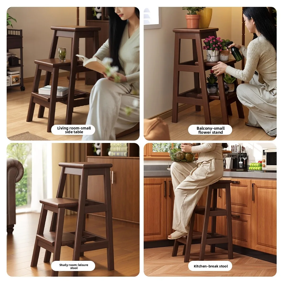 LMM solid wood ladder stool dual-purpose step ladder household multi-functional folding three-step ladder