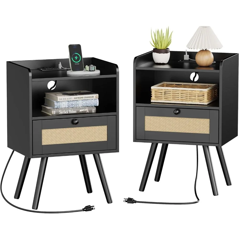 

Nightstands with Charging Station, Bedside Table Set of 2 with PE Rattan Drawers,Side Table with Storage & Solid Wood Feet