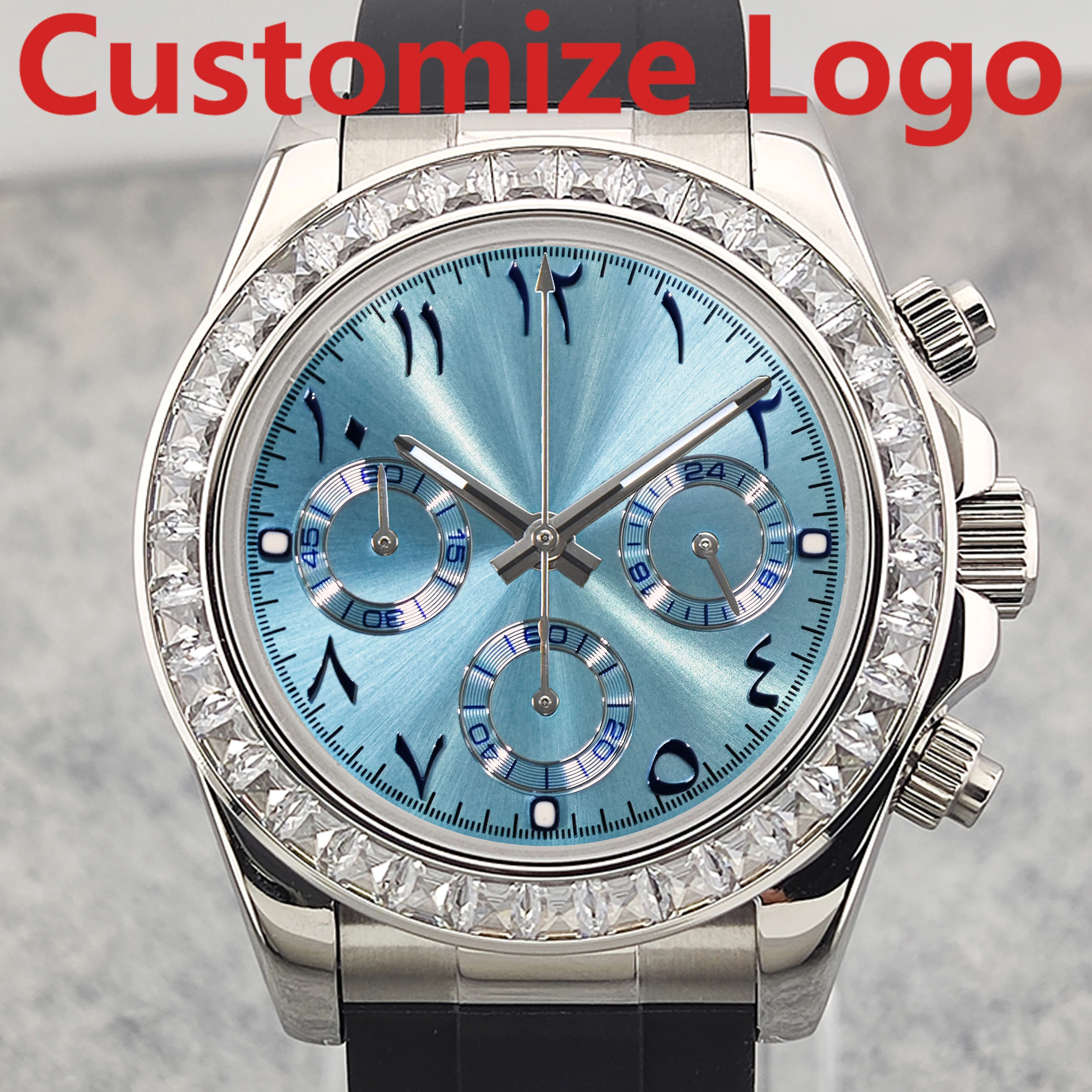 OUMASHI 42mm Silver Diamond bezel Arabic Index Men’s Chronograph Watch VK63 Quartz Movement Luminous Sapphire Glass Waterproof