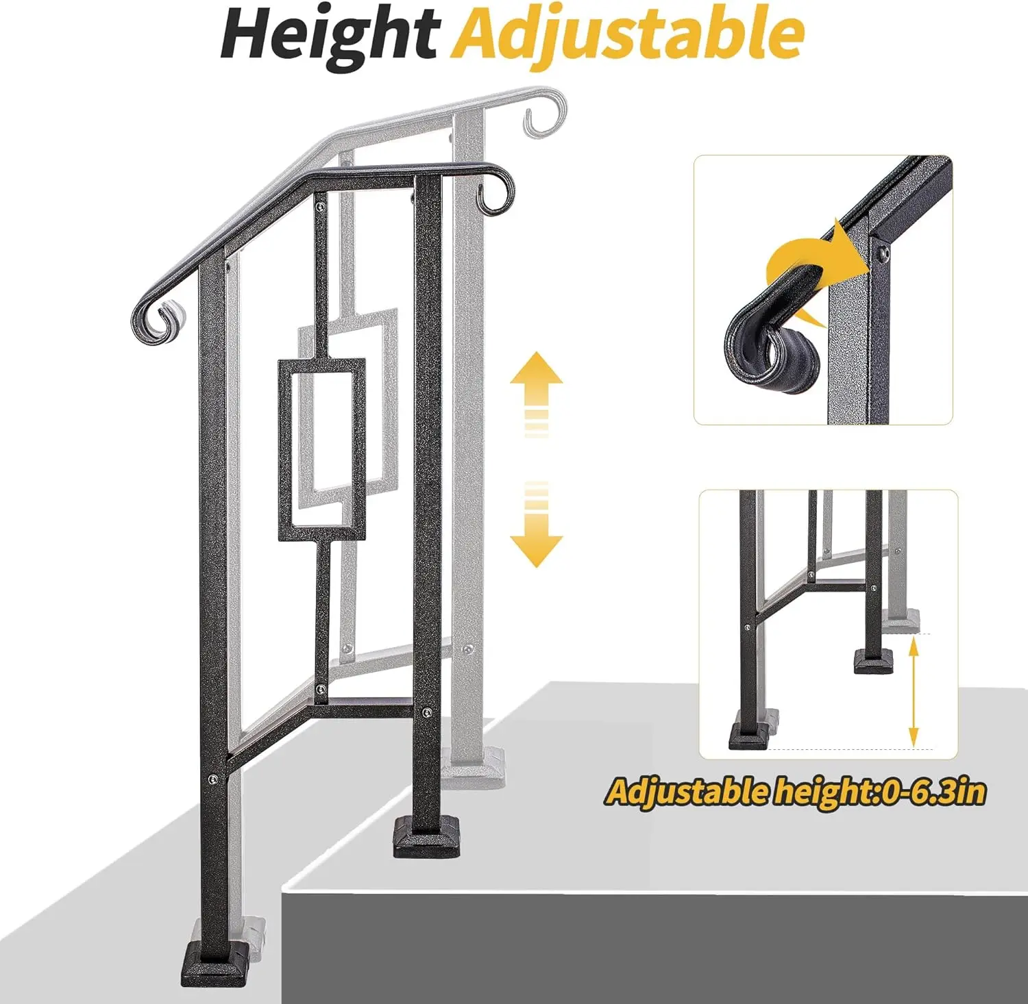 Stair Railing, Handrails for Outdoor Steps, Heavy Duty Handrail Stair Railing Fits 1-2 Steps with Installation Kit Mattle