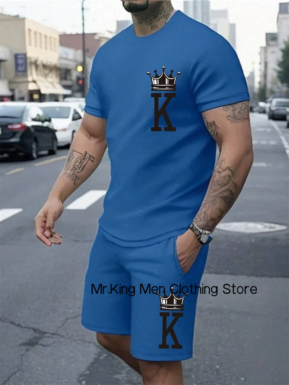 

Summer Classic Men's T-shirt Set 3D Crown Letter Print T-shirt and Shorts Set Oversized Outdoor Casual Sportswear Two-piece Set