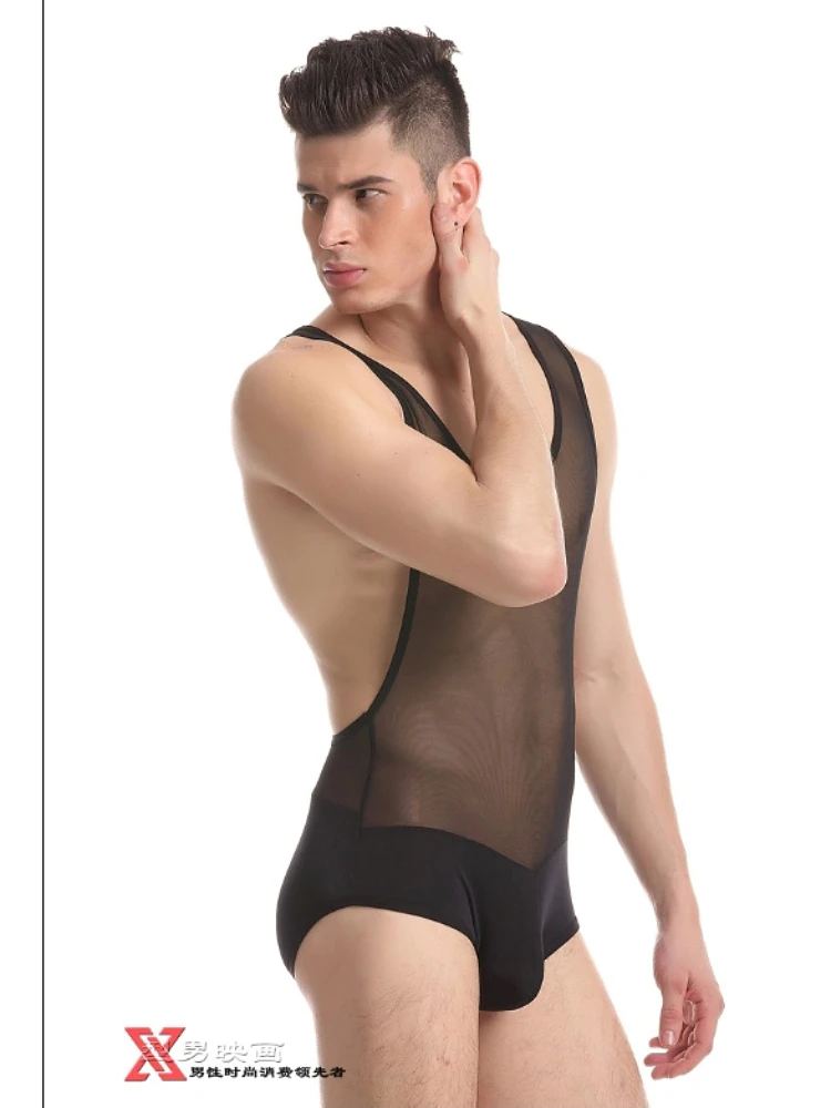 Ropa interior sexy personalizada para hombre, chaleco de malla de una pieza, ropa interior transparente negra