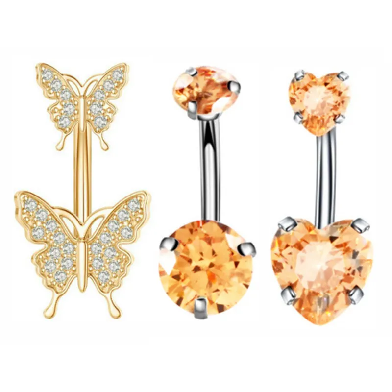 3PCS Pink Crystal Belly Button Rings Set
