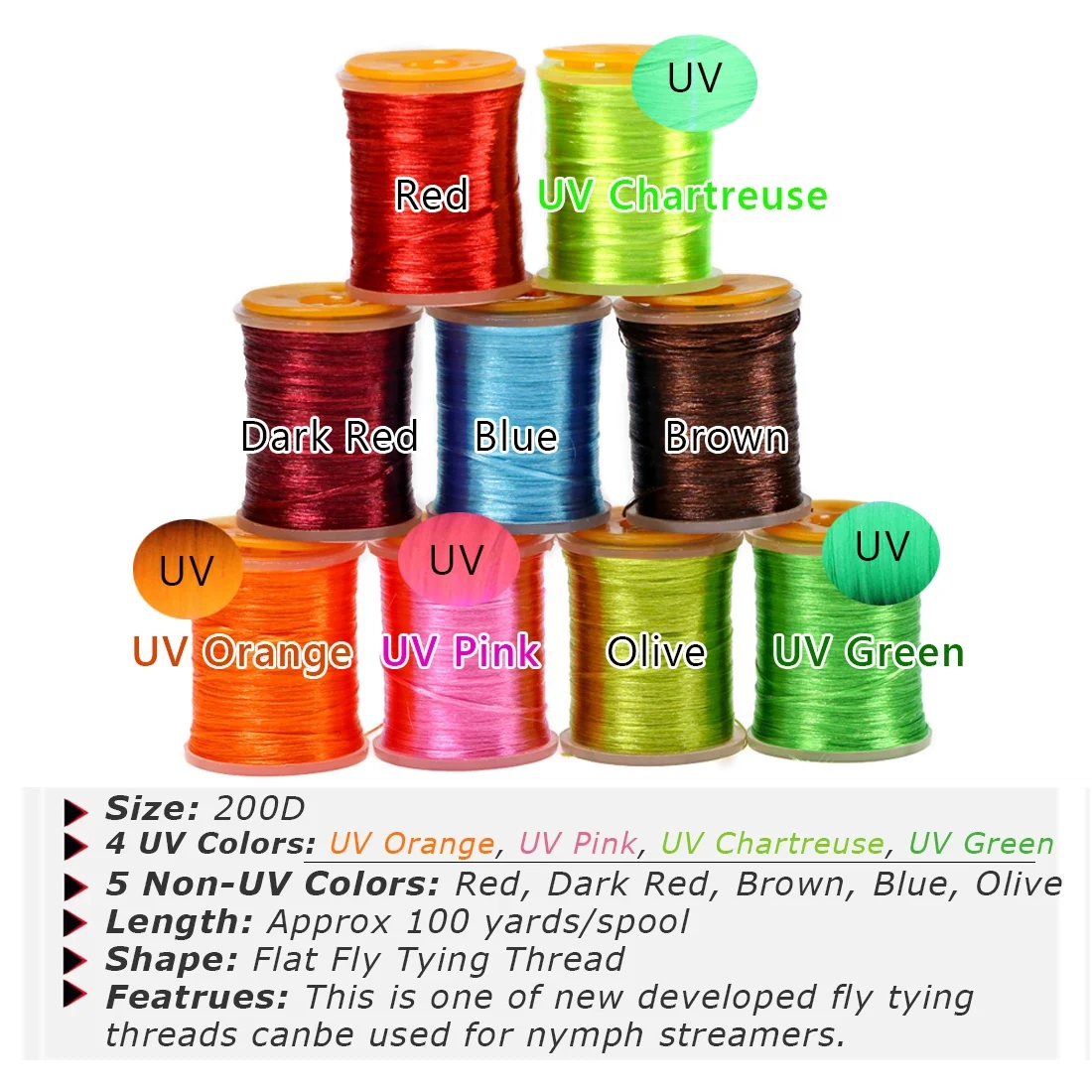 Bimoo 100 Yards 200D High Light Fly Tying Thread UV Floss Yarn for Nymph Streamer Bass Trout Fishing Lures FlyTying Material