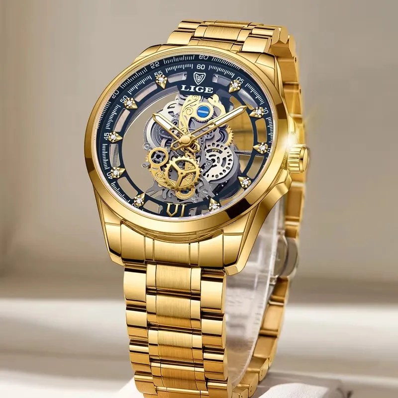 LIGE Мужские часы Скелет Кварцевые наручные часы Золотой скелет Мужские часы Лучший бренд Роскошные часы Мужские часы Relojs Hombre + коробка