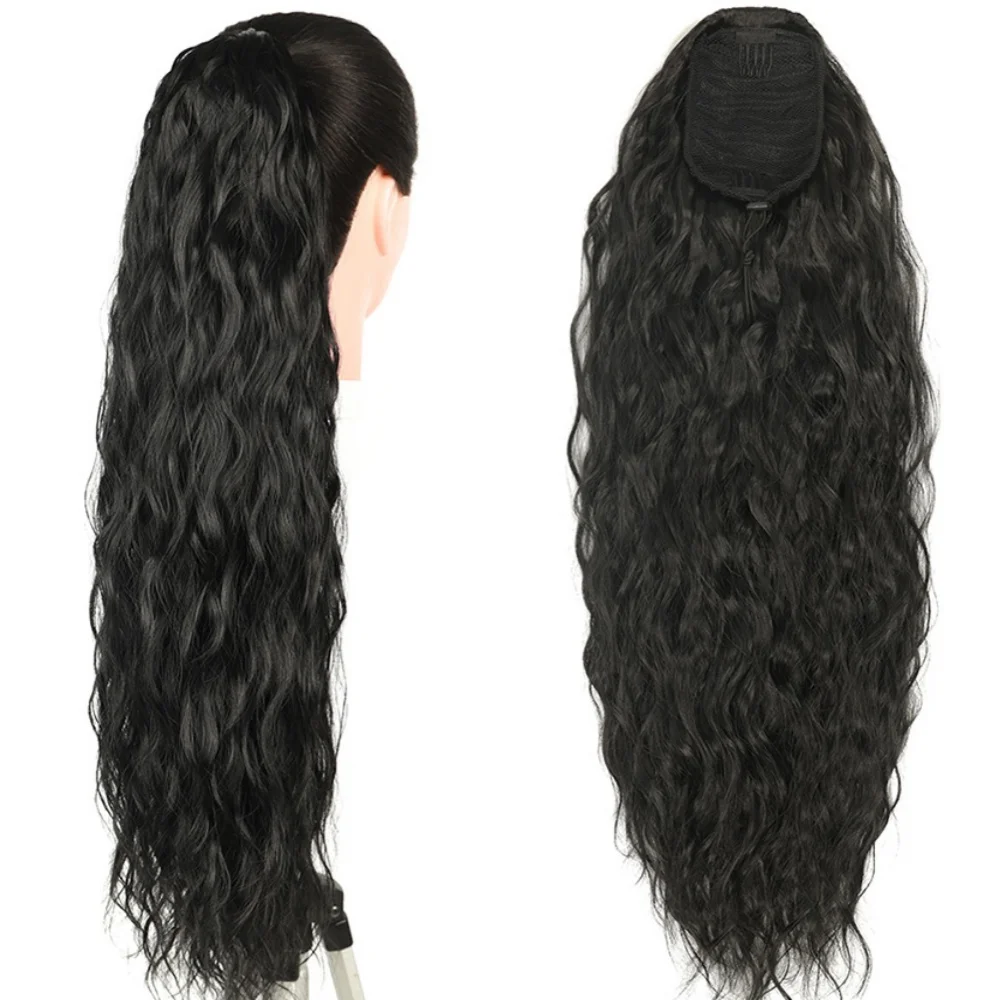 Extensão de cabelo sintético longo, rabo de cavalo encaracolado, 60cm, onda natural, cordão enrolado, clipe no cabelo, preto, peruca para mulheres