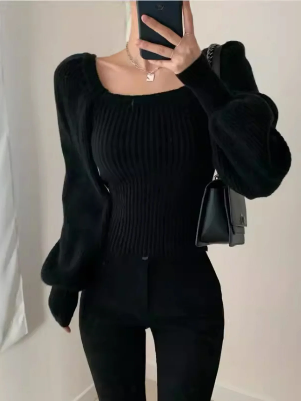 

Chic Vintage Women's Knitted Sweater Autumn Winter Slim Fit Square Collar Long Sve Pure Desire Sle Warmth Emitting Knitwear