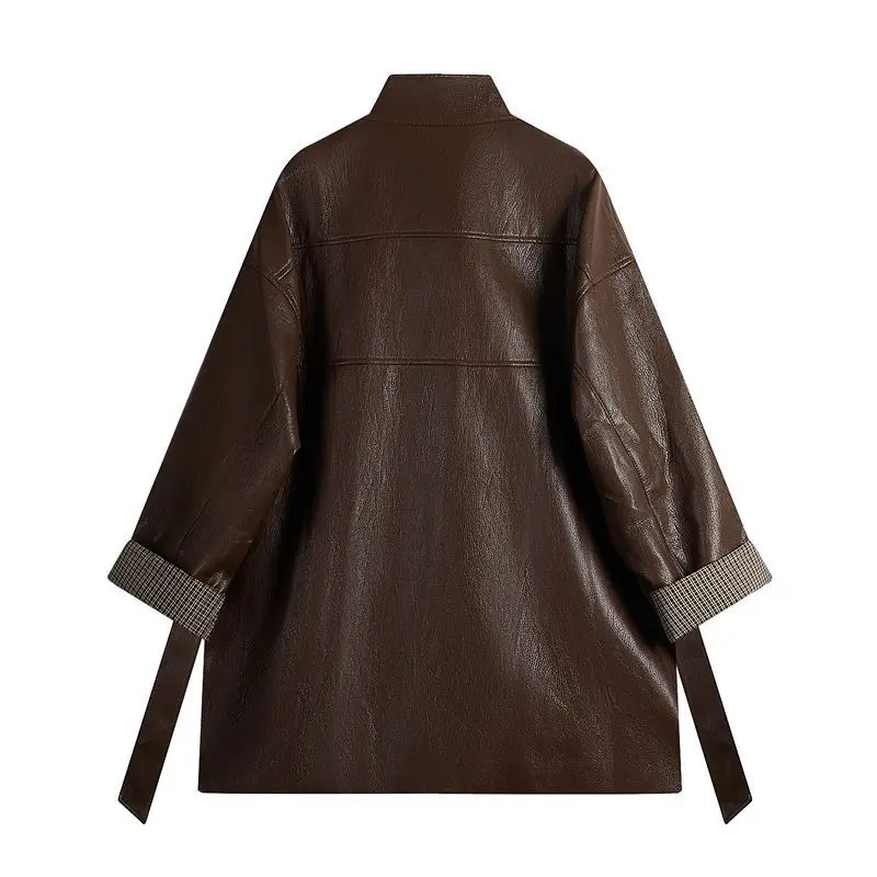 النمط الأمريكي بو الجلود سترة الكورية نمط التخسيس صف واحد المخفية زر تصميم ربيع الخريف القهوة معطف جلد ملون