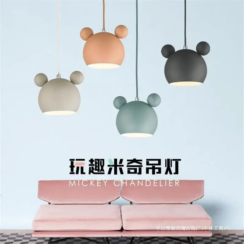 Nordic Color Macaron Mickey Chandelier Bedroom Candle Bedside Lamp Children's Clothing Toy Store Cartoon Iron Art Pendant Lights