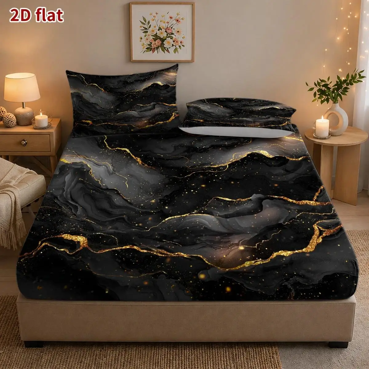 2D Digital Printed Three-Piece Bedding Set (Includes 1 Fitted Sheet + 2 Pillowcases) Mattress Protector, Fitted Elastic Style, Protective Cover, 2D Flat Priting, Mattress Protector, Starry Galaxy Swirl Pattern, Abstract Fluid Oil Painting Style, Halloween Party Night, Suitable for All Seasons, Machine Washable Design, Holiday Decoration, Various Sizes, Breathable Protective Cover Plus Pillowcase