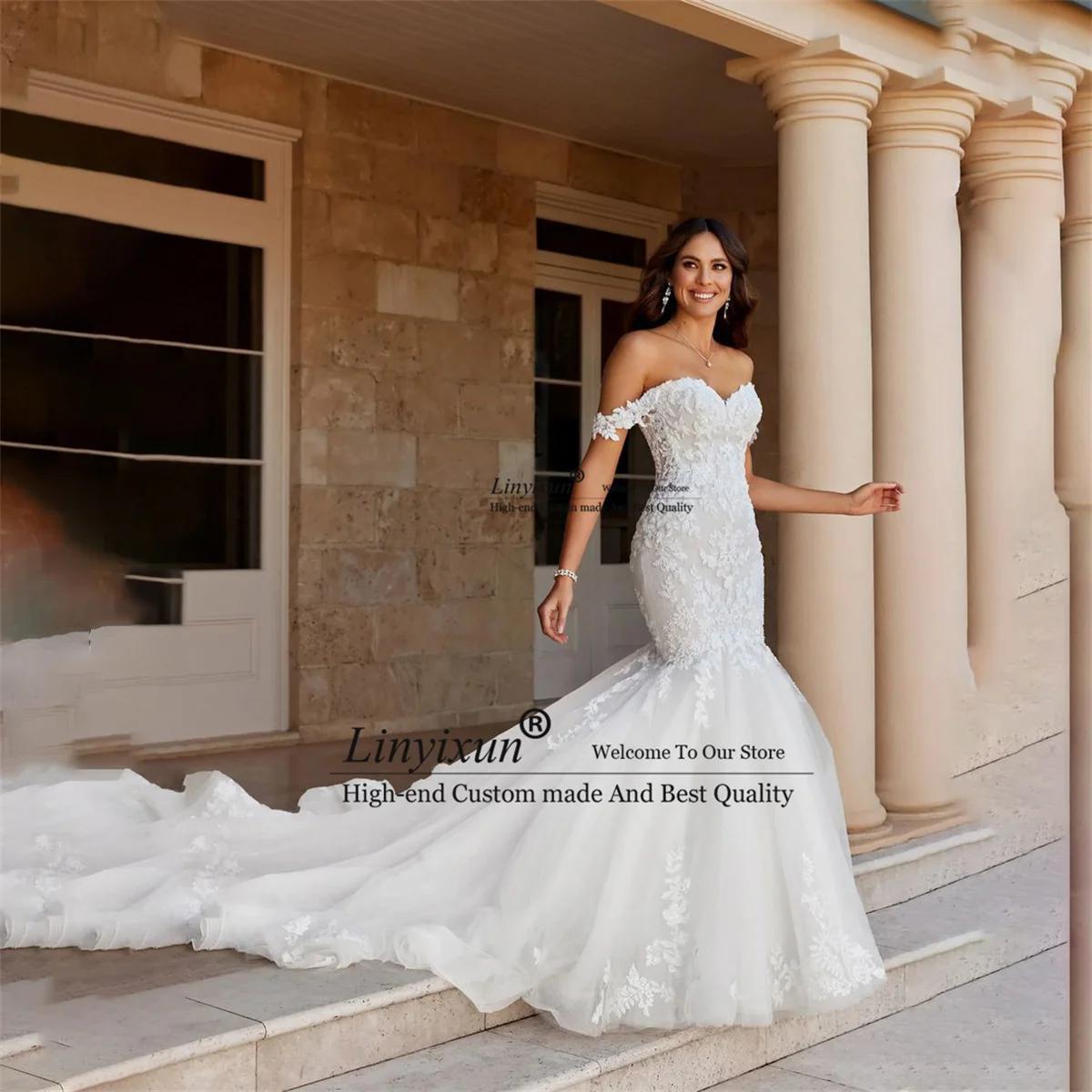 

Off Shoulder Lace Wedding Dresses With Appliques Customized Bridal Gown For Bride Women Romantic Chapel Train Vestidos De Novia