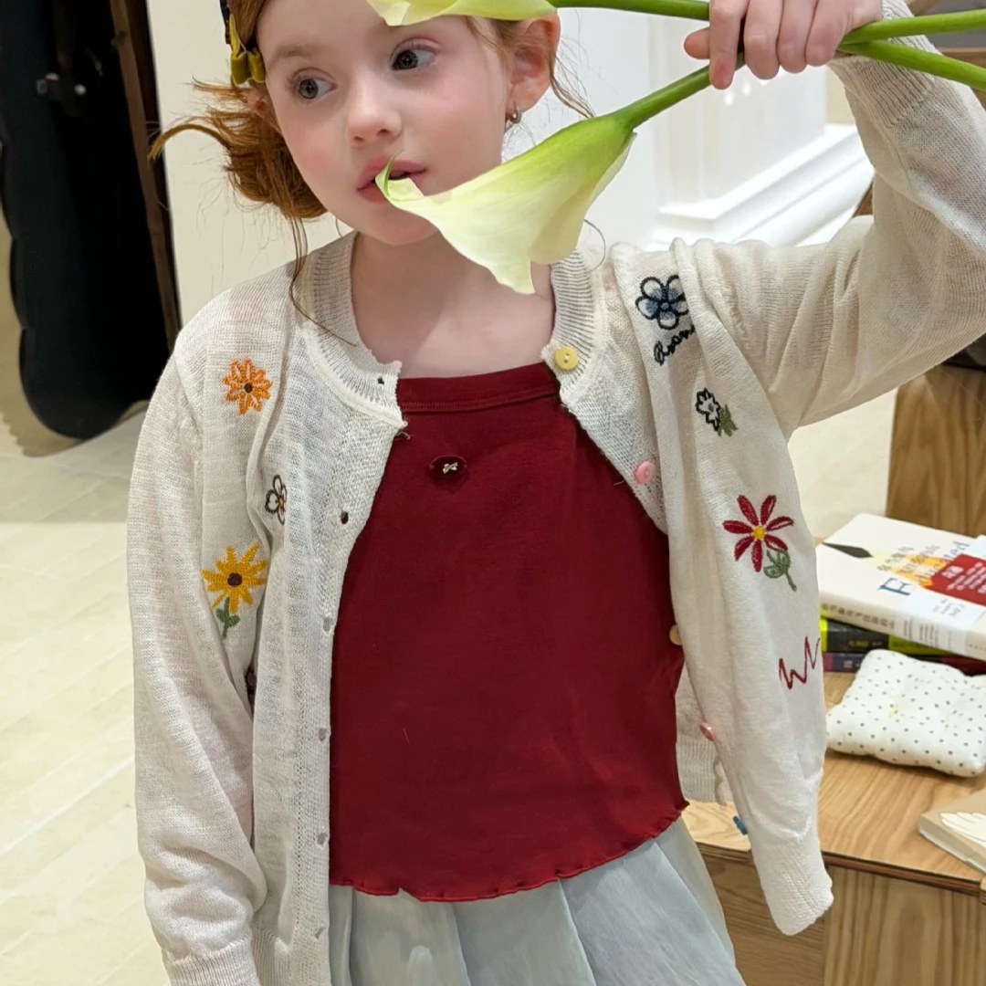 

Girls Cardigan 2026 Spring and Summer New Childrens Clothing Korean Girl Baby Sweet Foreign Style Embroidery Ice Silk Cardigan