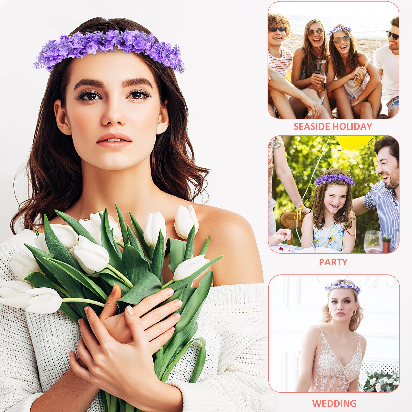 

2Pcs Faux Flower Crowns Bohemian Artificial Floral Crowns Ribbon Adjustable for Wedding Party Vacation Photo Props Headpieces