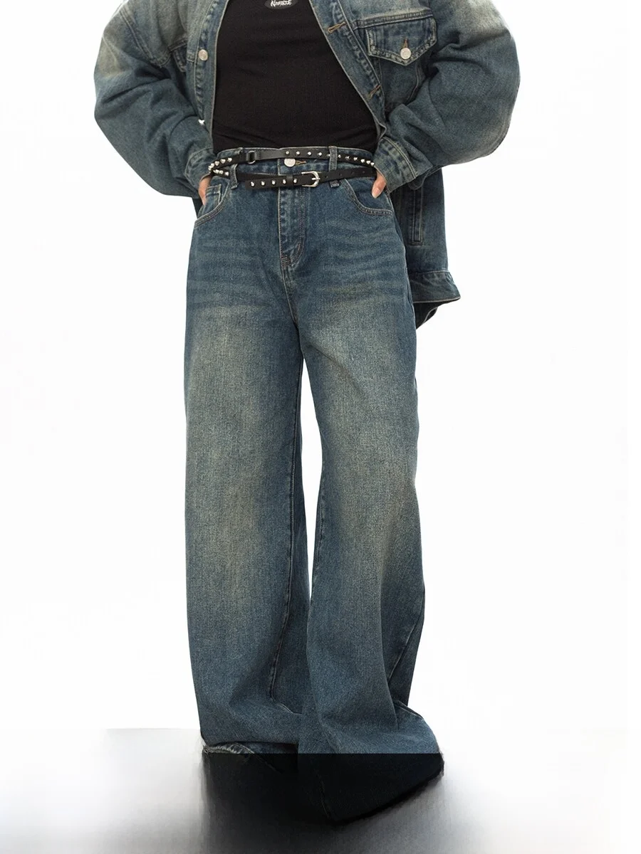 

American Style Vintage Washed Loose Casual Wide Leg Floor-Length Jeans High Waist Straight Tube Spring New Arrival