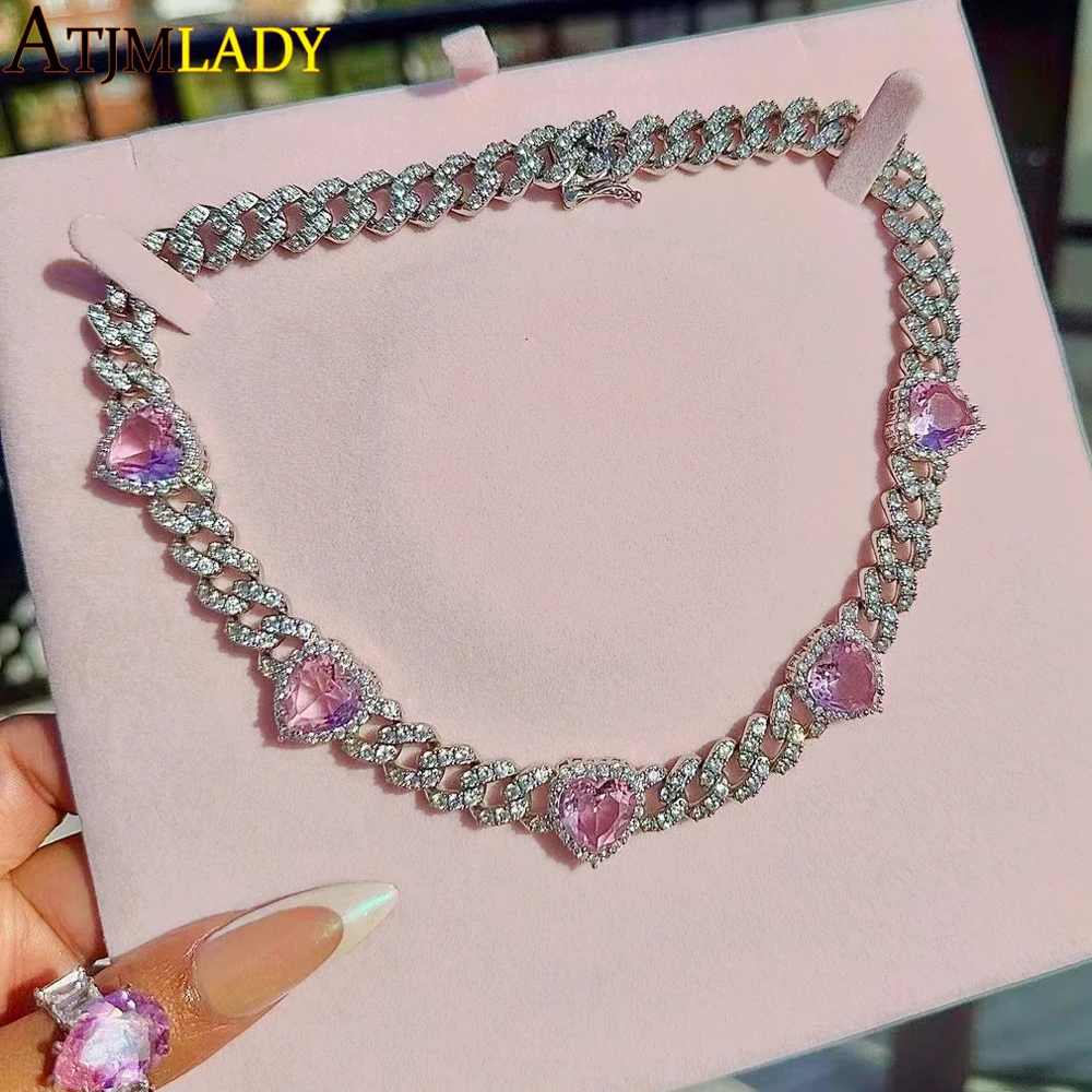 Iced Out Bling Cubic Zirconia 11mm Miami Cuban Link Chain Hearts Necklace Pink Heart CZ Charm Choker Jewelry Hiphop For Women